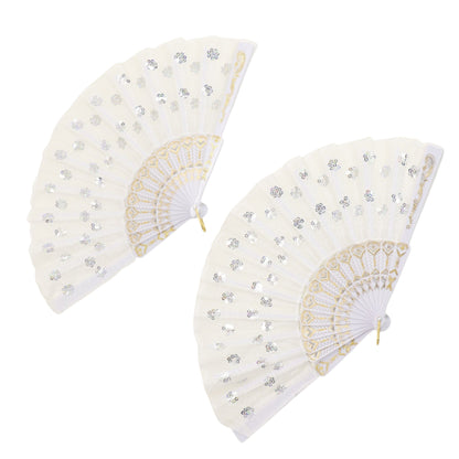 White Sequin Floral Folding Hand Fan FN2604 (12PC)