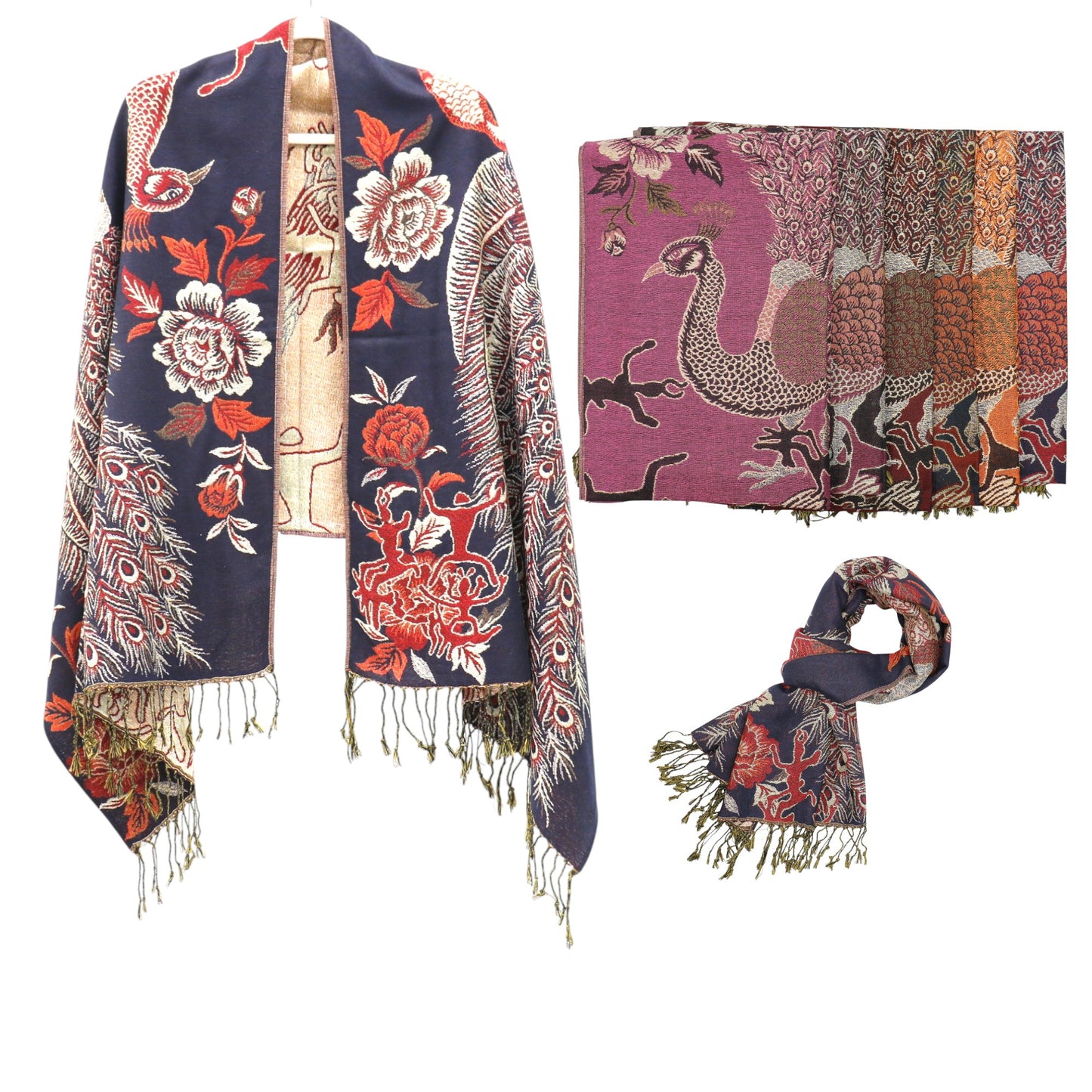 Metallic Pashmina Peacock Pattern SCF31105-11. (12PC)