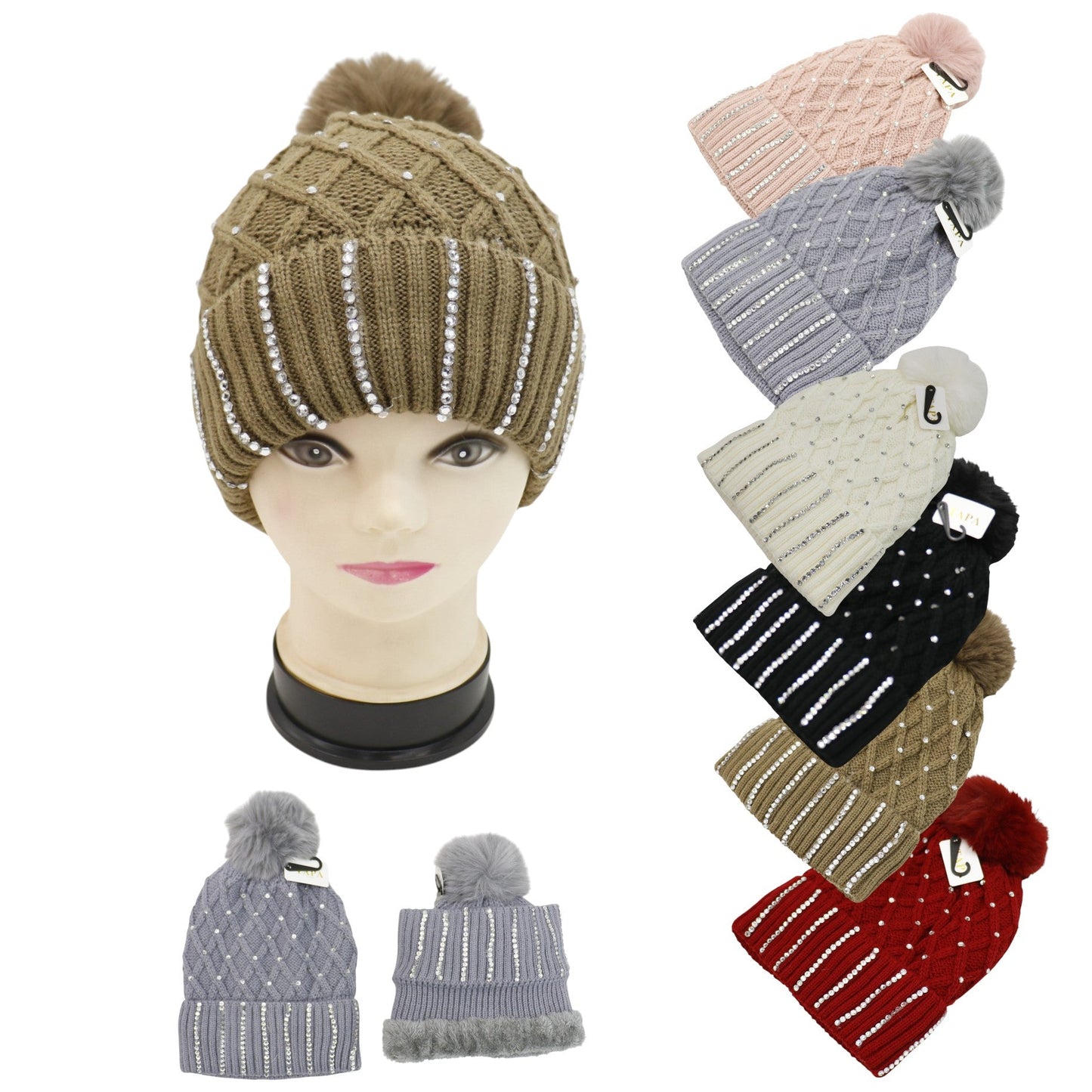 Pom Pom Knitted Beanie With Rhinestone HA4727-8 (12PC)