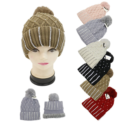 Pom Pom Knitted Beanie With Rhinestone HA4727-8 (12PC)