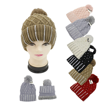 Pom Pom Knitted Beanie With Rhinestone HA4727-8. (12PC)