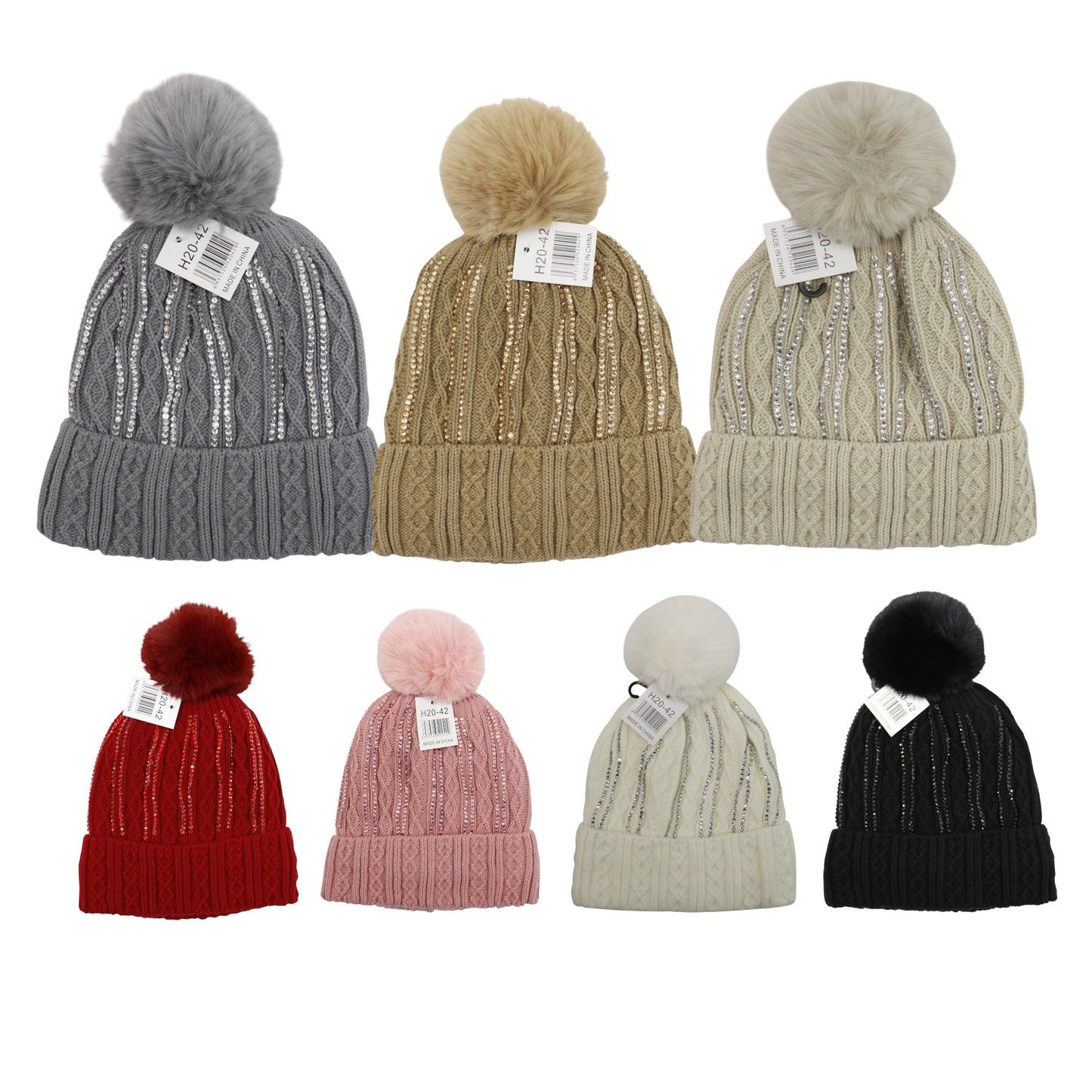 Pom Pom Rhinestone Decor Beanie H20-42. (12PC)