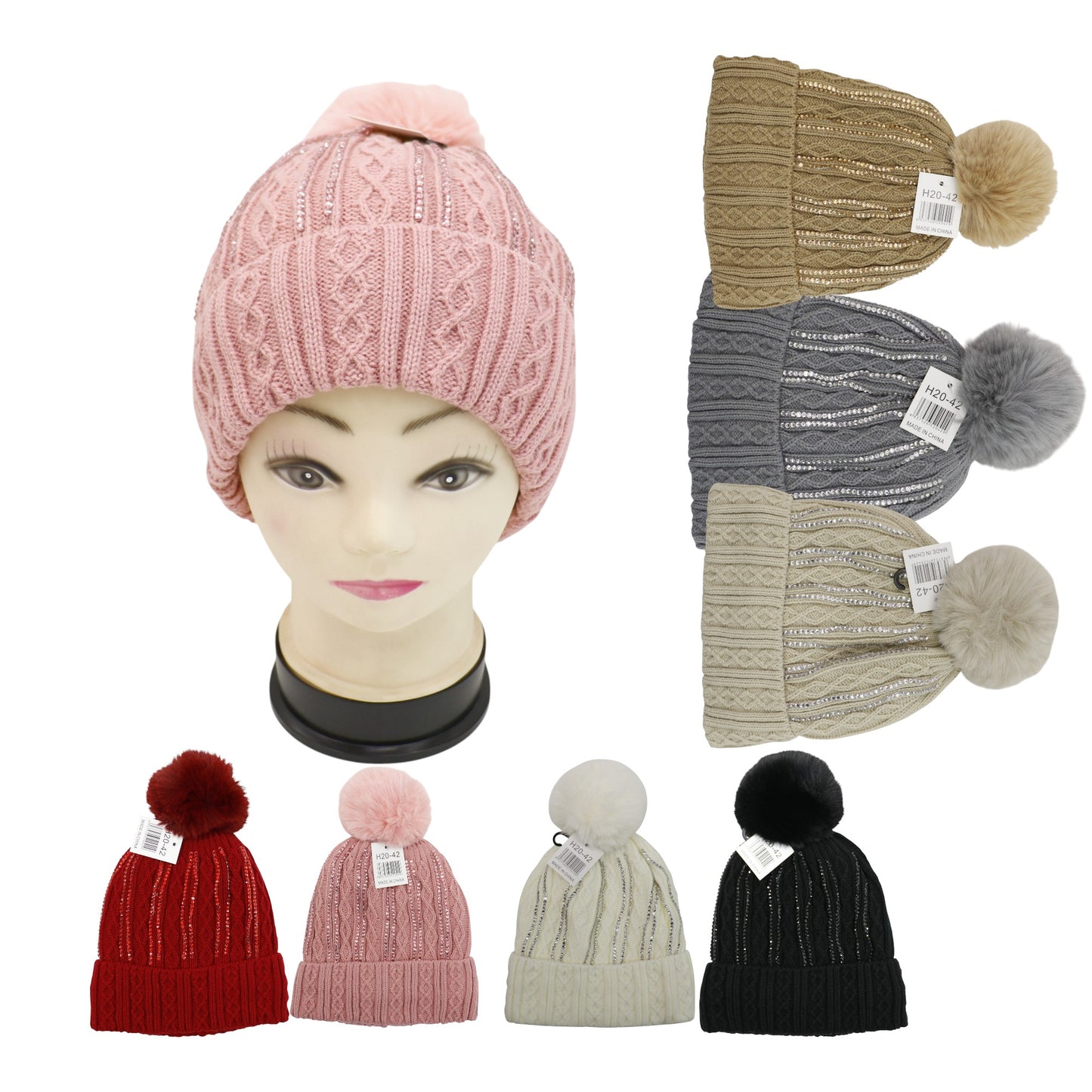 Pom Pom Rhinestone Decor Beanie H20-42. (12PC)