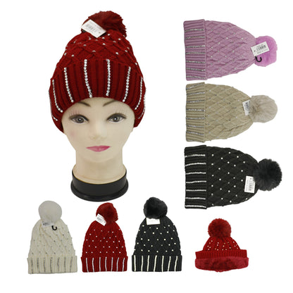 Pom Pom Rhinestone Decor Beanie H20-45. (12PC)