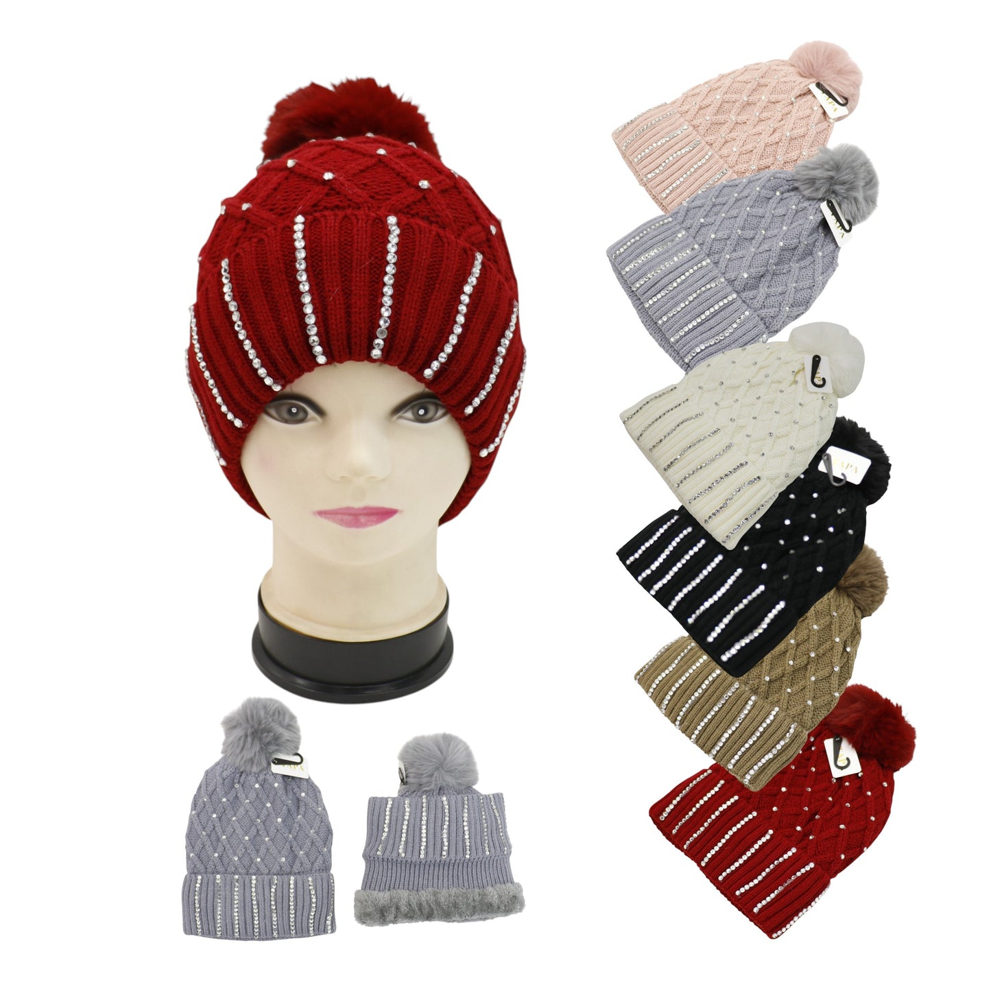 Pom Pom Knitted Beanie With Rhinestone HA4727-8 (12PC)