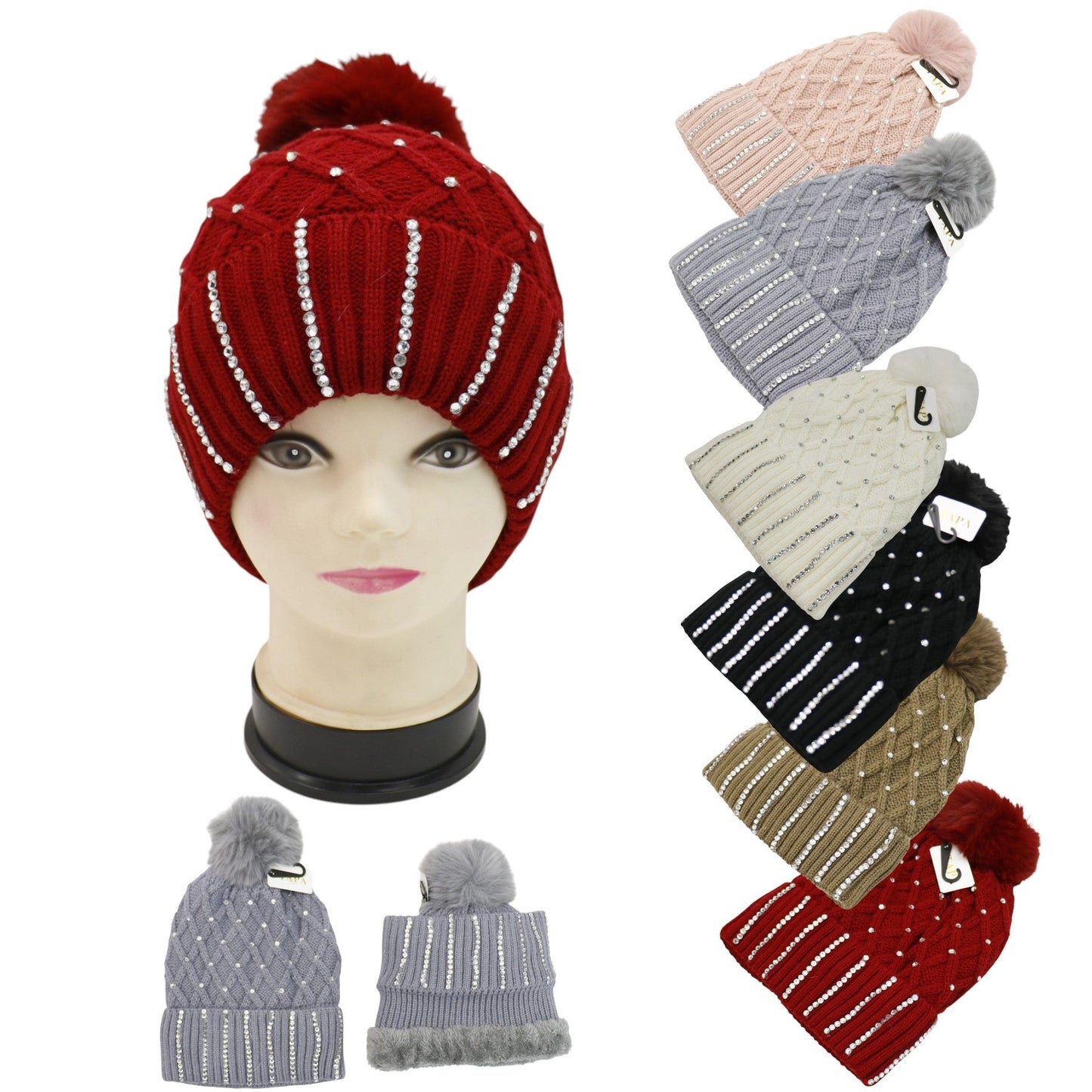 Pom Pom Knitted Beanie With Rhinestone HA4727-8. (12PC)