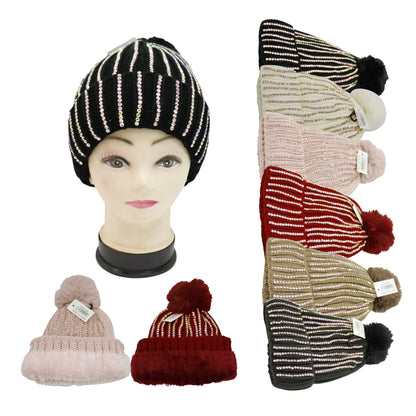 Pom Pom Rhinestone Decor Beanie H20-44. (12PC)