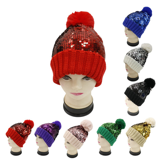 Pom Pom Sequin Beanie HA3715-1! (3PC)