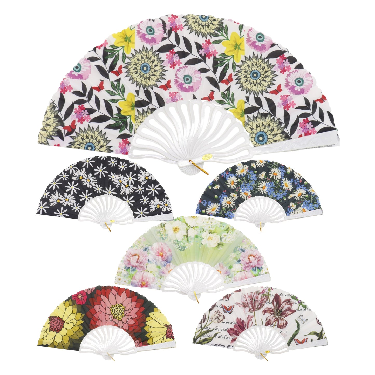 Flower Garden White Base Folding Hand Fan FN0458 (12PC)