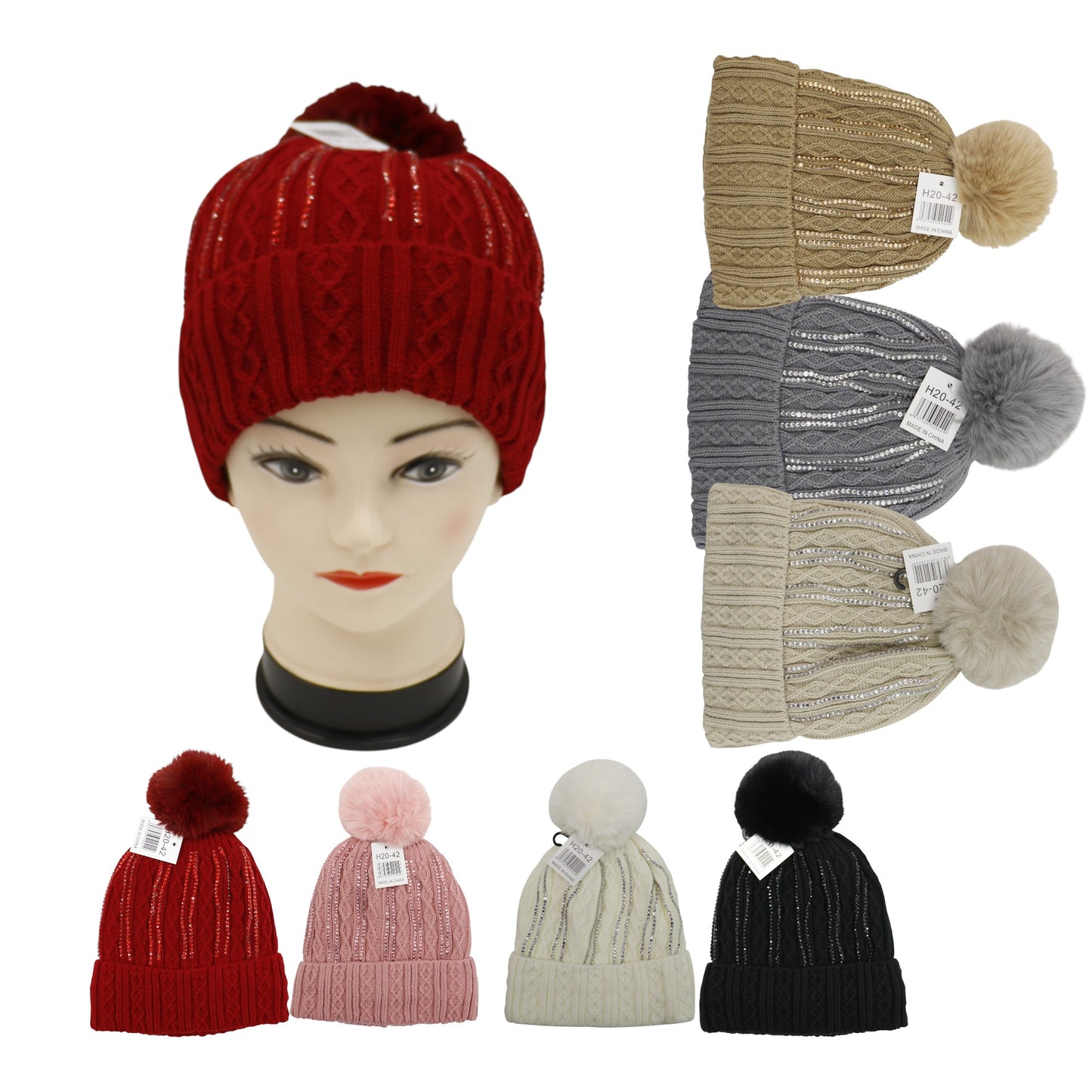 Pom Pom Rhinestone Decor Beanie H20-42. (12PC)