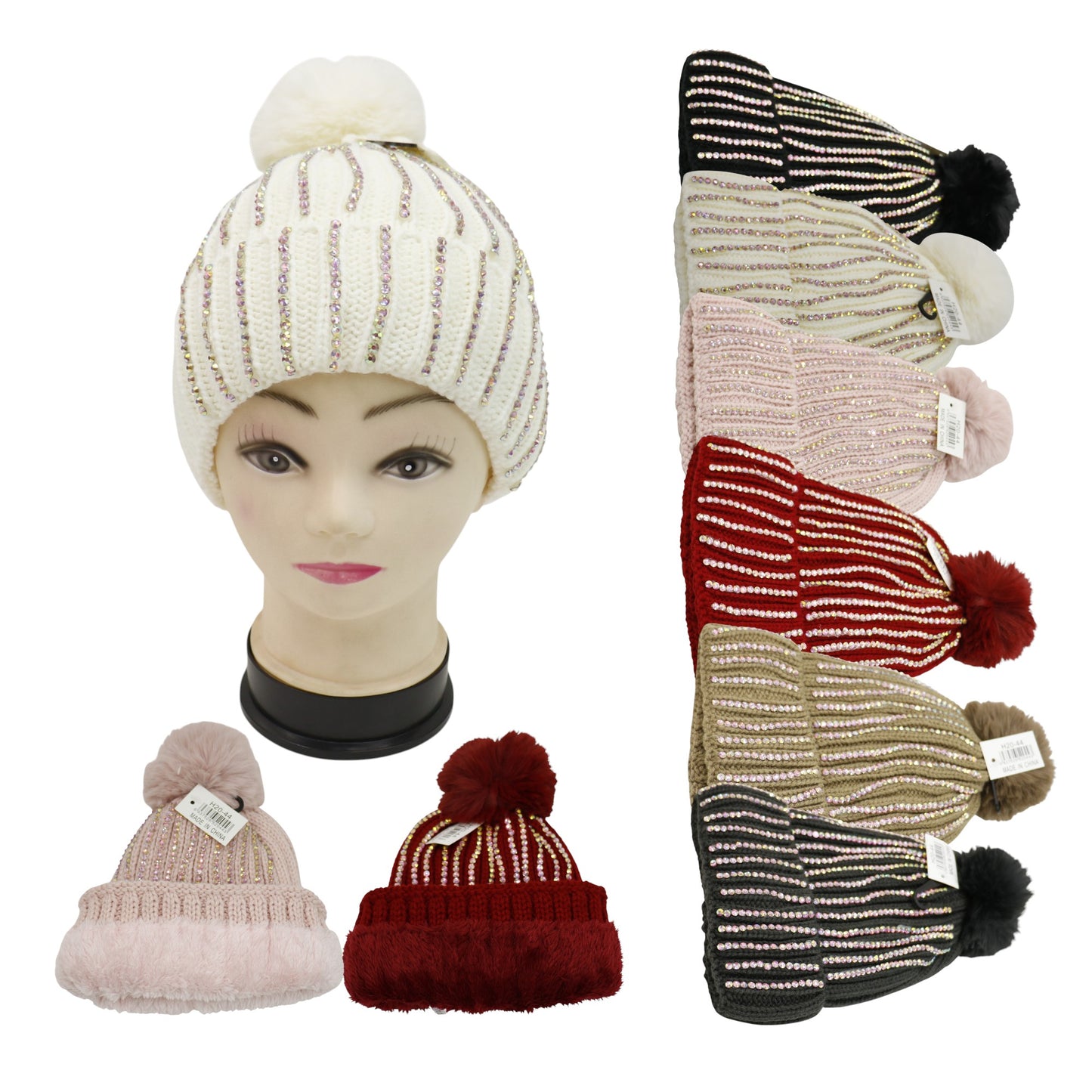 Pom Pom Rhinestone Decor Beanie H20-44. (12PC)