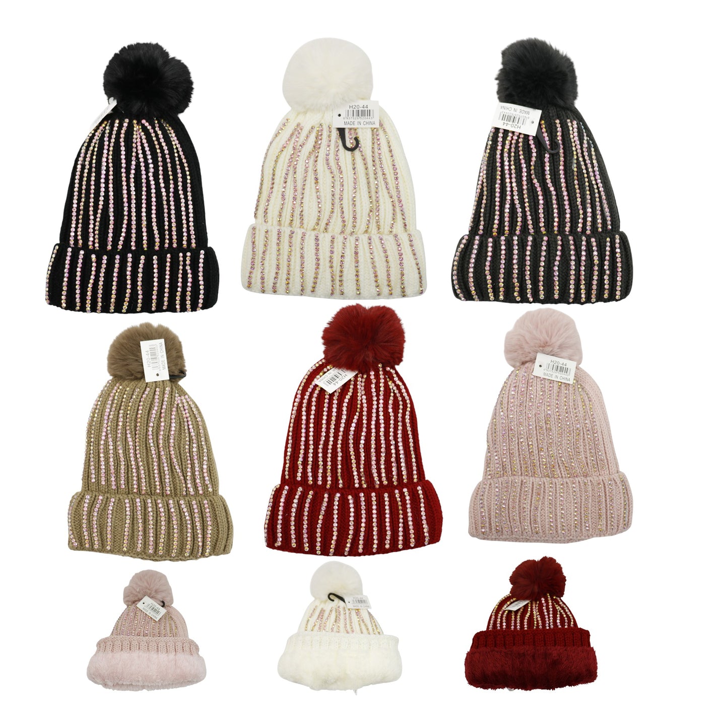 Pom Pom Rhinestone Decor Beanie H20-44. (12PC)