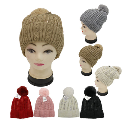 Pom Pom Rhinestone Decor Beanie H20-42. (12PC)