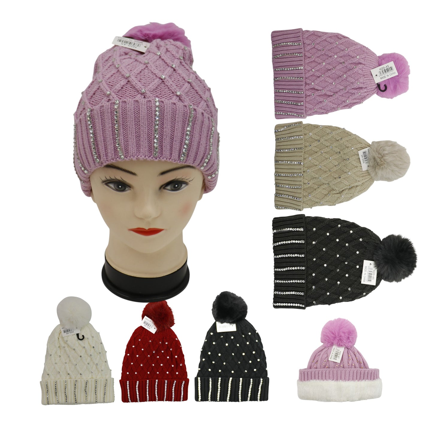 Pom Pom Rhinestone Decor Beanie H20-45. (12PC)