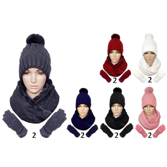 Pom Pom Knitted Beanie Scarf Glove 3 Set CP3112 (12PC)