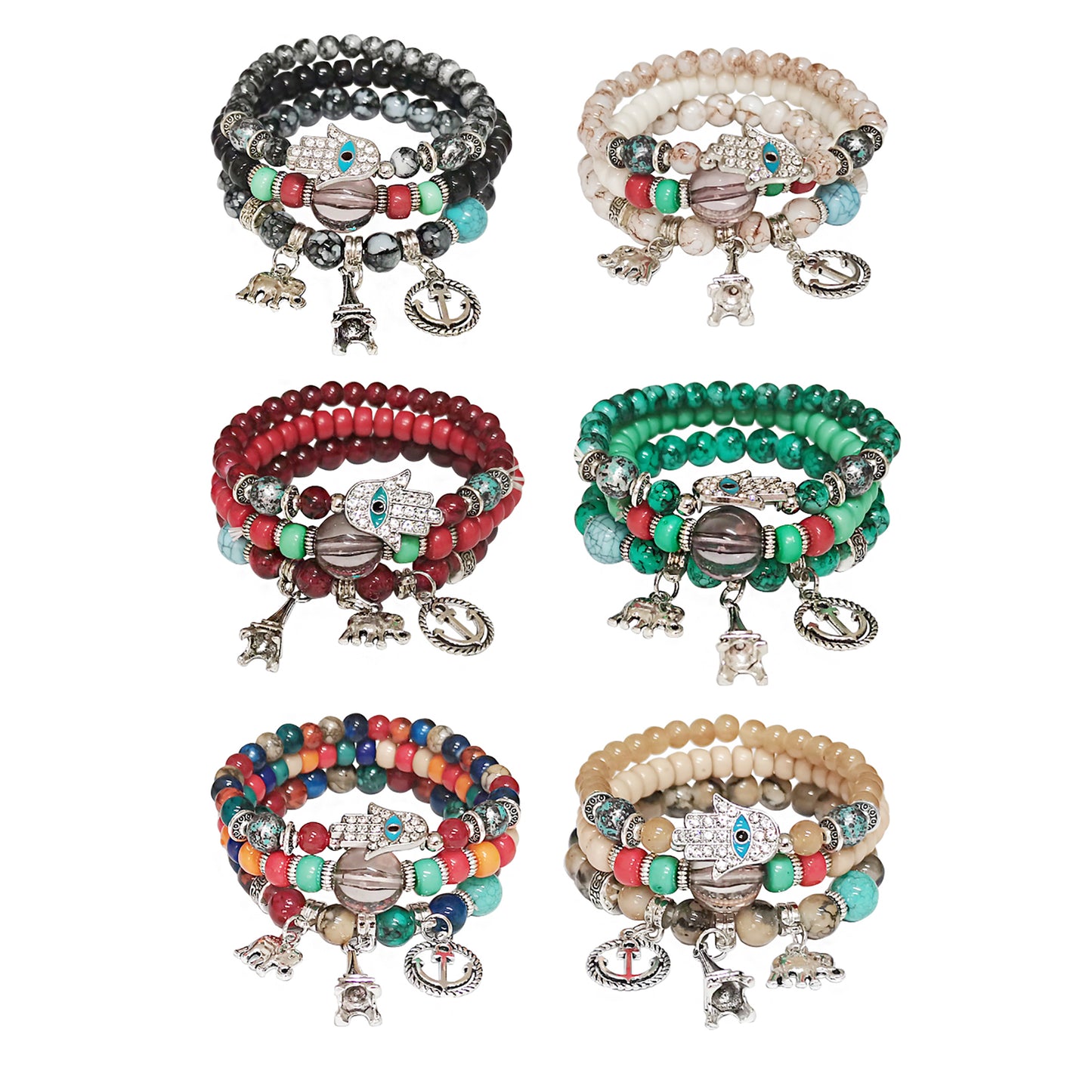 Natural Stone Hamsa Ball Bracelet BR2221-4 (12PC)