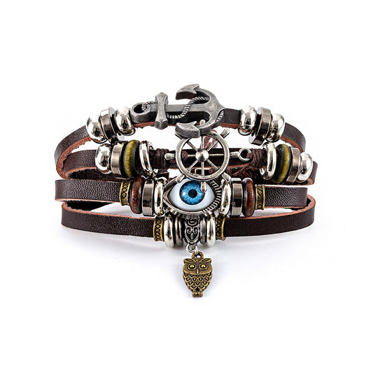 Evil Eye N Anchor 4 Row Boho Leather Bracelet BR2826-24 (12PC)