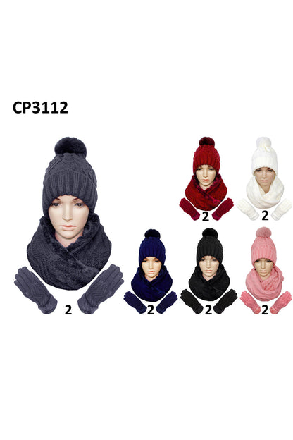 Pom Pom Knitted Beanie Scarf Glove 3 Set CP3112 (12PC)