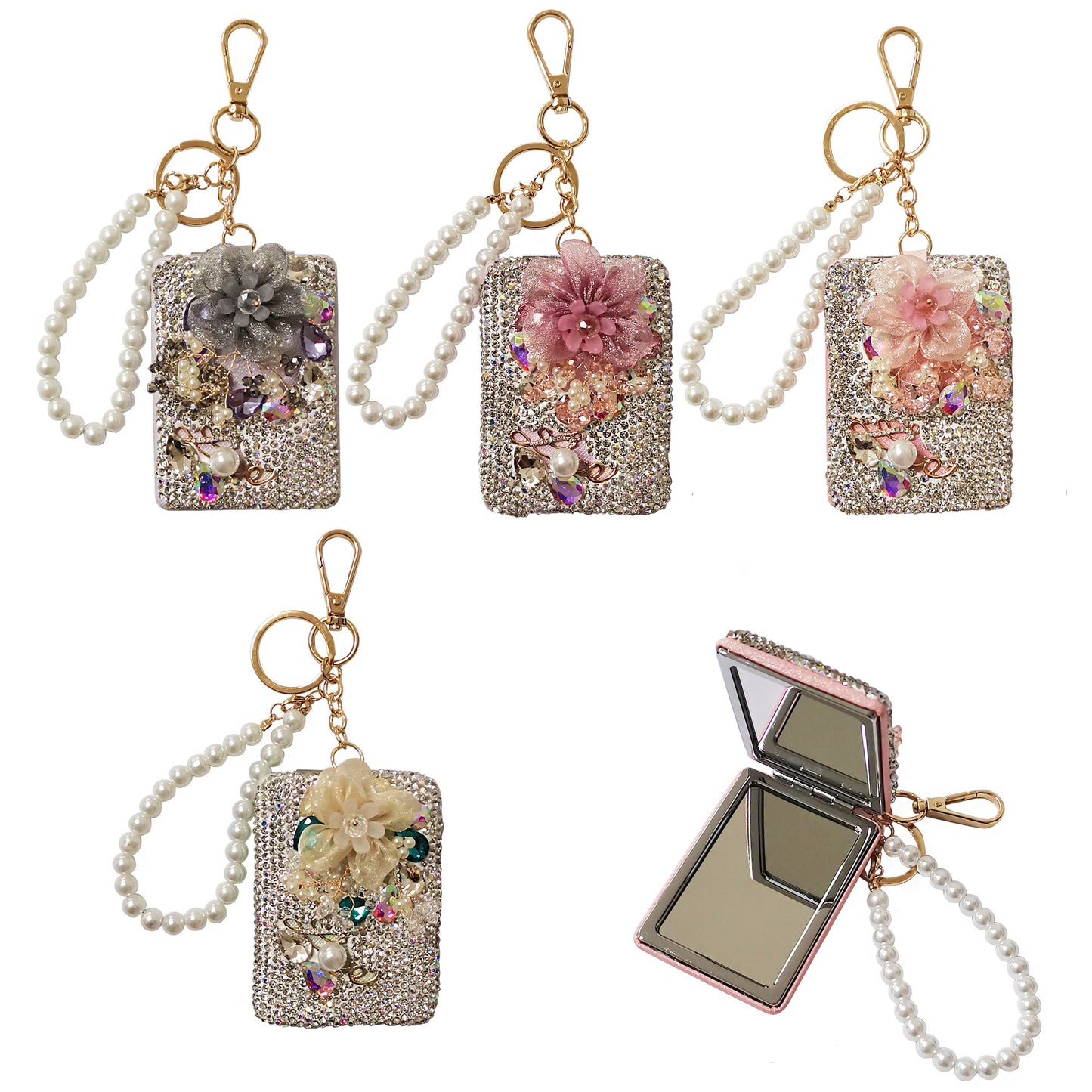 CRYSTAL FLOWER PEARL STRAP MIRROR KEY CHAIN KC3222-39 (12PC)