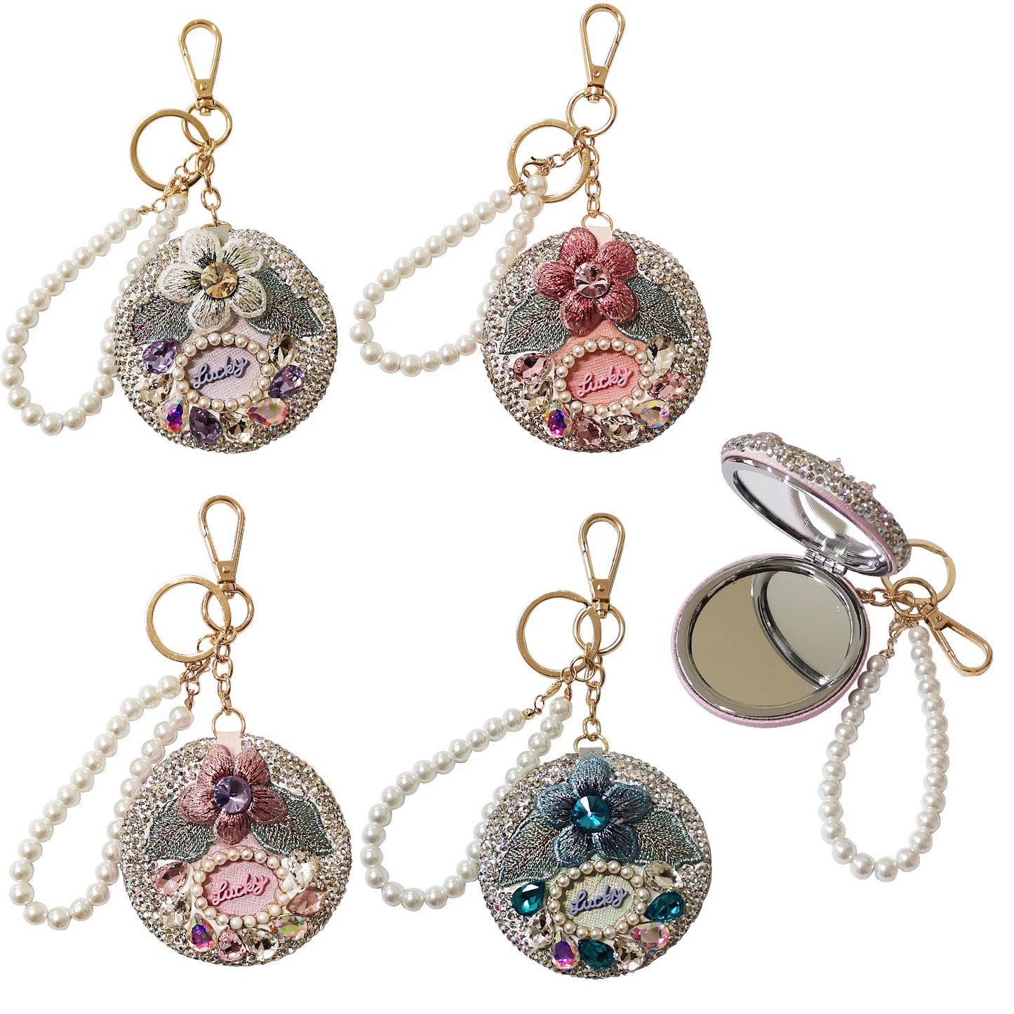 CRYSTAL FLOWER PEARL STRAP MIRROR KEY CHAIN KC3222-41 (12PC)
