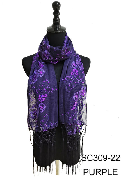 SEQUIN FLOWER FRINGED SCARF 309-B (12pc)