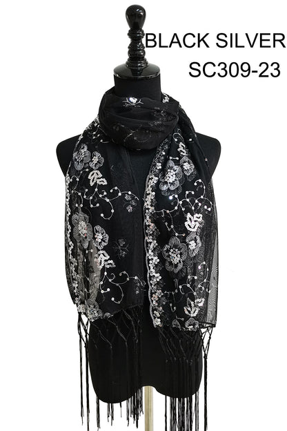 SEQUIN FLOWER FRINGED SCARF 309-B (12pc)