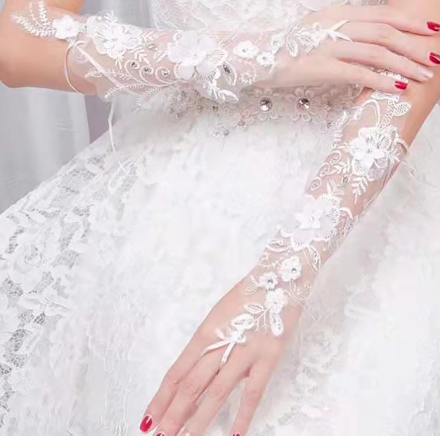 Floral Emboridery Lace Long Gloves WG222-C (3pc)